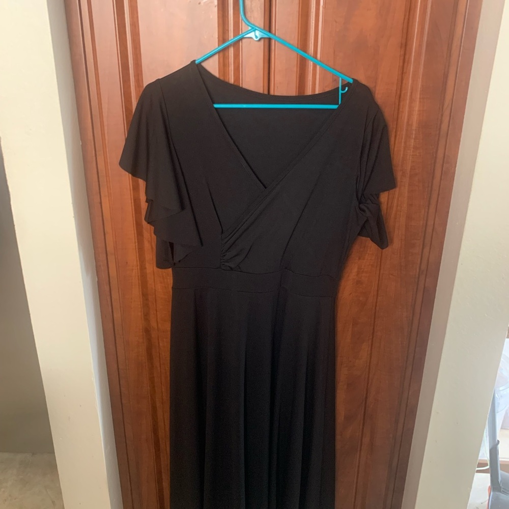 LYANER V-NECK PURE BLACK RUFFLE SHORT SLEEVE A-LINE FLARED MIDI DRESS LARGE